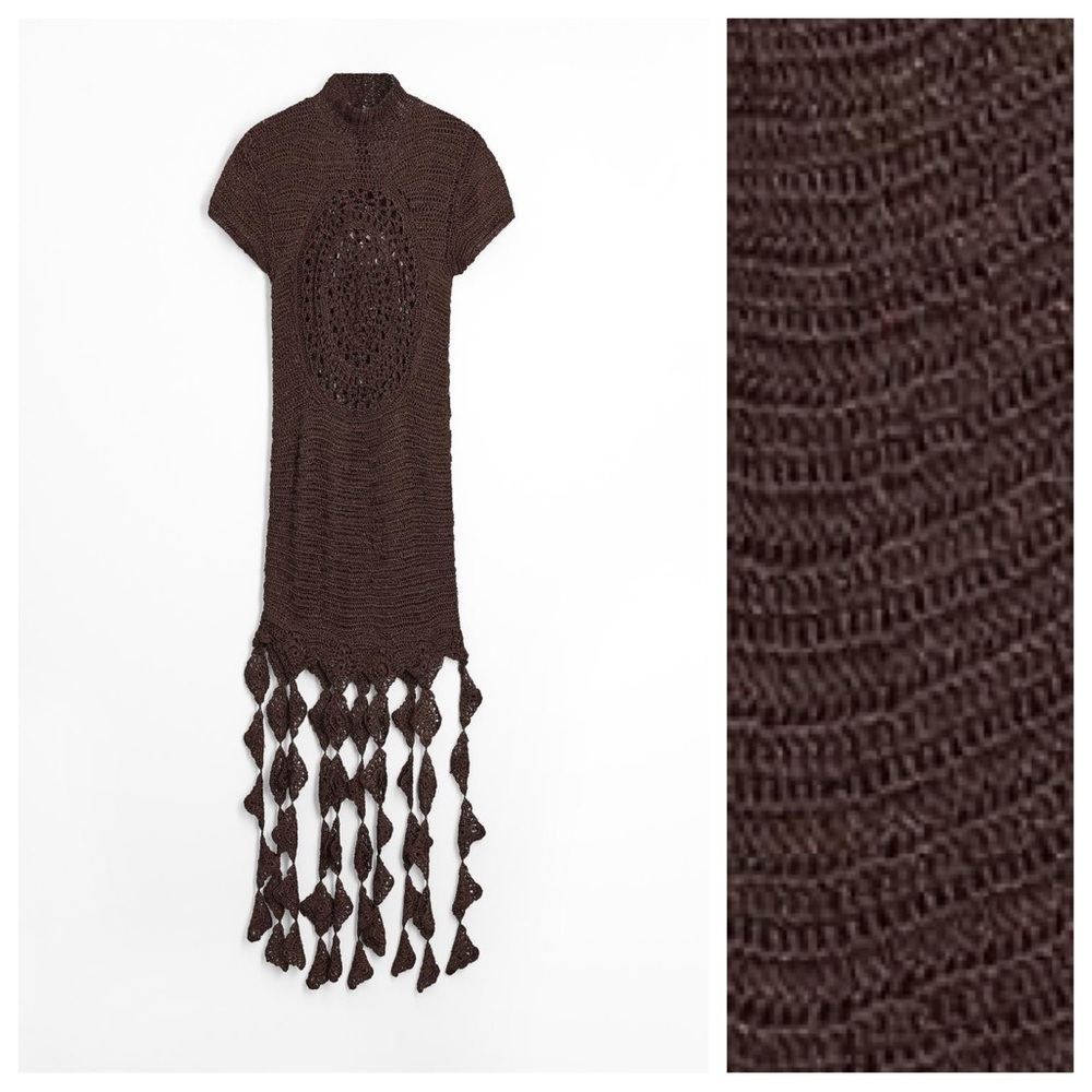 NWT. Zara Brown Semi-Sheer Openwork Pattern/Fringe Dress. Size L.